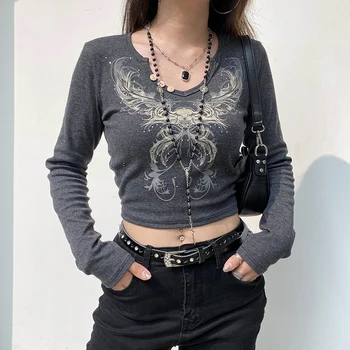 Darlingaga Vintage Rhinestone Baskı Grafik T shirt Kadın Grunge Fairycore Y2K Kırpma Üst Koyu Akademi Sonbahar T-shirt Estetik