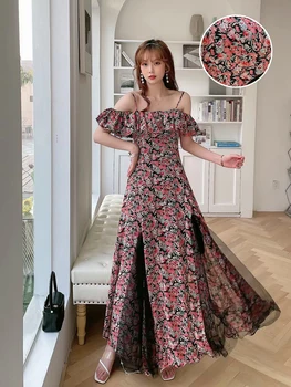 2022 Yaz Yeni Mizaç Moda Çiçekler Elbise Kadınsı Straplez İnce Zayıflama uzun elbise Ruffles ile C548