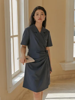 DUSHU Çentikli Yaka Kısa Düzenli Kollu X-LİNE Elbise Diz Boyu A-LİNE Gri Katı Elbise Ofis Bayan Pilili Tasarım Etek