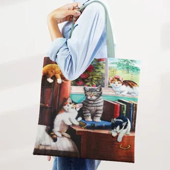 Yağlıboya Kedi omuz çantaları Baskı alışveriş çantası Bayan Tasarımcı Çanta Tuval Kullanımlık Bayan için Çevre Dostu Yeni Varış