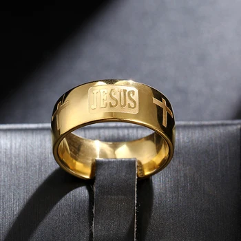 MANGOPIE8mm Altın 316 Titanyum Çelik altın kaplama İsa Çapraz Mektup incil düğün band yüzük erkek kadın