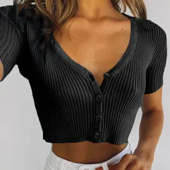 Yeni Kadın Yaz V Yaka Düğmesi Bodycon Kırpma Üstleri Rahat Düz Renk Kısa Kollu örme tişört Hırka Streetwear