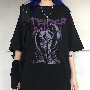 Gotik Hip Hop Streetwear Tops Şeytan Melek Koyu Vintage Baskı T Shirt Erkek Kadın Yaz Punk Büyük Boy T-shirt Moda Rahat Tee