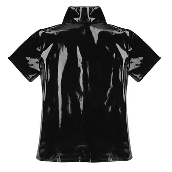Siyah Unisex Mens T-shirt, PVC, Deri, Metalik Yenilik Hipster Yaka Kısa Kollu Ön T Zip Ayağa Clubwear-shirt Tops