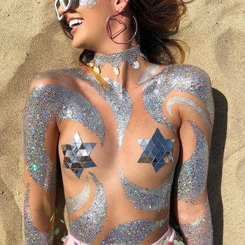 Metalik Renk Yapışkanlı Meme Meme Kapağı Seksi Yıldız Vücut Çıkartmalar Tek Kullanımlık Meme Yaprakları Plaj Partisi Rave Clubwear Çıkartmalar