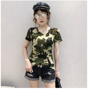 Yaz Kore Giyim T-Shirt Baskı Kamuflaj Kız Moda Kadın Üstleri Kısa Gömlek Tees Casual Dip Gömlek Yeni 2021 T14008A