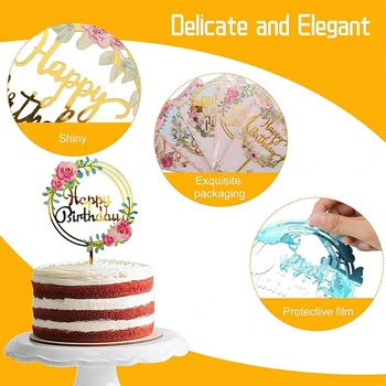3 adet Çiçek Altın Akrilik Mutlu Doğum Günü Pastası Topper Bayrak Ekleme Kartı Seçtikleri Doğum Günü Partisi Pastası Süslemeleri Malzemeleri Bebek Duş
