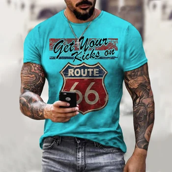 2021 Yaz Yeni Stil erkek Moda ince tişört Yuvarlak Boyun T-shirt Rota 66 T-shirt 3d baskılı tişört