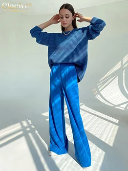 Clacive Mavi Ofis kadın pantolonları 2021 Moda Gevşek Tam Boy Bayan Pantolon Rahat Yüksek Bel Geniş Pantolon Kadınlar İçin