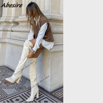 Kadınlar İçin Deri Çizme Ayak Sağlam Yeni Sonbahar Kış Büyük Beden Ayakkabı Sivri Uyluk Abesire Beyaz Uzun Kalın Yüksek Topuk Çizmeler