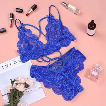 Mavi Seksi Toplanan iç çamaşırı seti Dantel Derin V Çapraz Kayış Yay Dikişsiz Sutyen Seti Erotik Kostüm Push Up Bralette Kadın İç Çamaşırı Seti