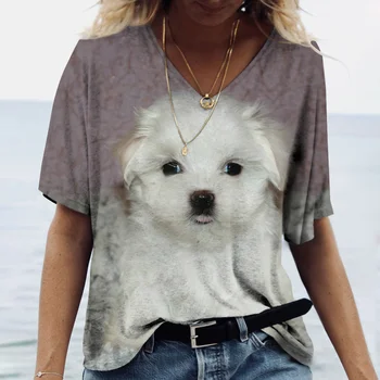 2022 Sıcak Satış Bayan T Shirt 3D Baskı Köpeği Yaz Moda Kısa Kollu V yaka Pamuk Sokak Harajuku Rahat Kazak Tops