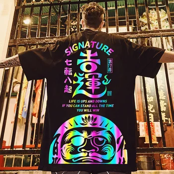 Boy Tees Tops Hip Hop Yansıtıcı T Shirt Gökkuşağı şanslı İMZA Tshirt Yarım Kollu Gevşek Yaz Streetwear Homme Giyim