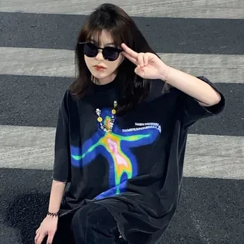 Hip Hop kadın T Shirt Y2K Tees En Alt Giysi Bozuk Portre Baskı T Shirt Kadın Streetwear Tops Harajuku Tee Gömlek
