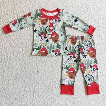 Bebek Kız Noel Batı İnek Kaktüs Kıyafet Toddler Pijama Çocuklar Uzun Kollu Patchwork Gömlek Seti Pantolon Çocuk Yeni Pijama