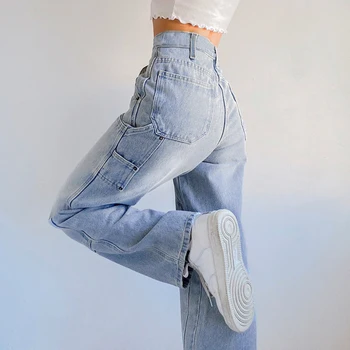 Yüksek Bel Kot Kadın düz pantolon Anne Baggy Cepler Patchwork Uzun Pantolon Kadın Streetwear Casual Kore