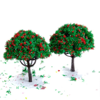 20 ADET 2.7 İnç Yeşil Tren Seti 1/100 Manzara Manzara Plastik Model Ağacı ile El İşi Kırmızı Çiçekler Ağacı Modeli Bebek Dekor