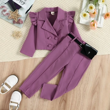 1-6Y Çocuk Kız Giyim Seti Kız Blazer Takım Elbise Uzun Kollu Fırfır Düğme Ceket Blazers Tops Yüksek Bel Rahat pantolon bel çantası
