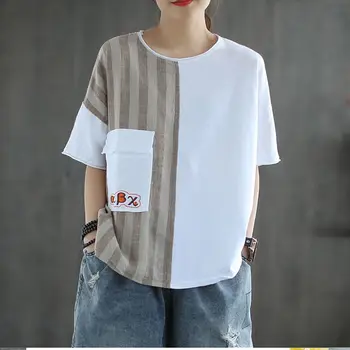Pamuk İşlemeli kısa kollu tişört kadın Yaz Yeni Stil Retro Büyük Boy Gevşek İşlemeli Cep Dikiş Üst