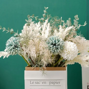 Yapay Pembe çiçekler Buket Ev Düğün oturma odası masası Dekor Holding Bulrush Çiçek Pampas Çim Plastik Sahte Bitkiler