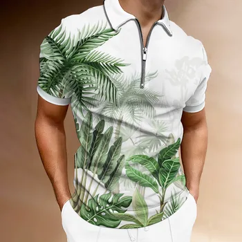 Palmiye Ağacı Yaprakları Baskı polo gömlekler Çiçek Desen erkek Gömlek Kısa Kollu Erkek T-shirt Fermuar POLO GÖMLEK 2022 Yeni Yaz