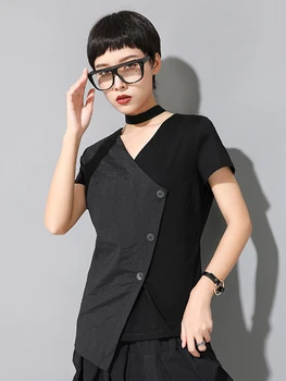 [EEM] Kadınlar Siyah Düzensiz Yarık Renk blok Büyük Boy T-shirt Yeni V Yaka Kısa Kollu Moda Gelgit Bahar Yaz 2023 1DE9320