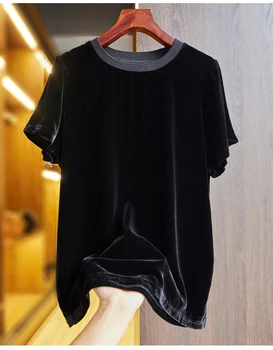Moda Sokak Tarzı İpek + Kadife Gömlek 2021 Yaz Yeni O-boyun Kısa Kollu High-End kadın giyim Gevşek Bayan Üst S-XL