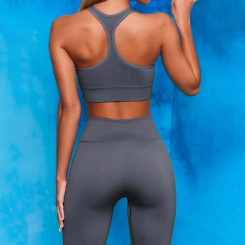 Dikişsiz Kadın Spor Yoga Setleri Egzersiz Spor Salonu Giyim Spor İki Parçalı Fermuar Sutyen TrousersRunning Dikey Çizgili