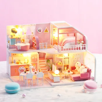 DIY DollHouse Ahşap Blok Minyatür Bebek Evi Modeli Yapı Kiti Kawaii Oyuncak Çocuk noel hediyesi Bebek Mobilya Yazlık