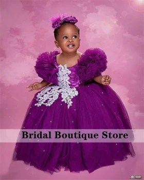 Sevimli Mor Bebek Prenses Kız Elbise Aplikler Pageant balo elbisesi Afrika Çocuk Elbise Düğün İçin İlk Communion Fotoğraf Çekimi