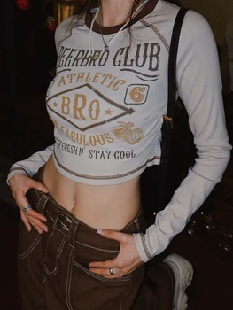 Kadınlar Amerikan Vintage Harajuku Y2k Kırpma Üstleri Uzun Kollu T Shirt O-boyun Tee Streetwear Seksi Clubwear Temel Rahat İnce Kadın