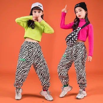 Çocuk Hip Hop Giyim Mock Boyun Kırpma Üst Uzun Kollu T Gömlek Zebra Baskı Streetwear koşucu pantolonu Kızlar için dans kostümü Elbise