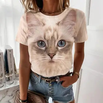 Yaz Kadın T-shirt Kedi Baskı Kısa Moda Kadın T Shirt Rahat Y2k Harajuku Üstleri Tee Hayvan Gömlek O-boyun Büyük Boy Giysi