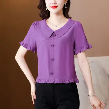 M-4XL Bebek Yaka Düz Renk Şifon Gömlek kadın Yaz Yeni İnce Kısa Kollu Kazak Üst Moda Blusas Femme