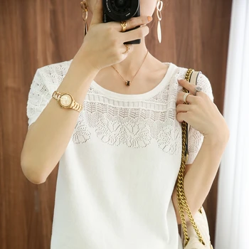 100 % saf pamuk kısa kollu yaz yeni kazak yelek bayanlar O-Boyun örme bol tişört m ücretsiz kargo kadınlar için