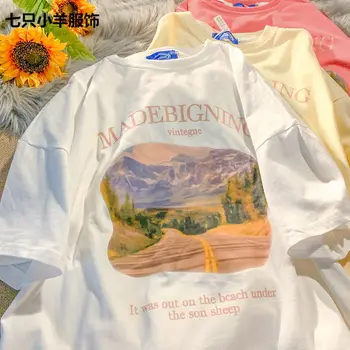 DAYIFUN Kız O Boyun T-Shirt Çiçek Baskı Gevşek T Shirt Kadın Kore Moda En Iyi Maç Ins Tatlı Harajuku Tarzı Tees Tops