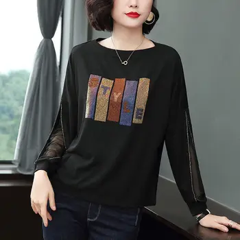 Moda Hollow Out Eklenmiş Dantel Elmas T-Shirt kadın giyim 2022 Sonbahar Yeni Gevşek Casual Kazaklar Tops Kore Tee Gömlek
