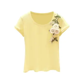O Boyun Çiçek Nakış Kazak T Shirt Kadın Gevşek Rahat Sarı Kısa Kollu Tees Yaz Giyim 2022 Yeni pamuklu bluz J338