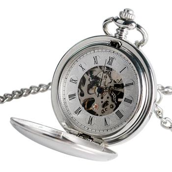 Klasik Gümüş cep saati Pürüzsüz El sarma Mekanik Çift Avcı Kolye Saatler Kolye Zincir Aksesuar relogio Montre