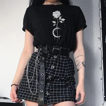 Ay Gül Siyah Gotik T-Shirt Kadın Vintage Moda Koyu Grunge Estetik Tee Gizli Cadı Gömlek Wiccan Giyim
