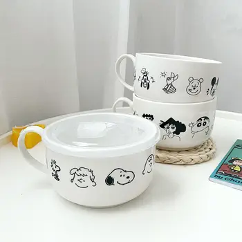 1200Ml Kawaii Snoopy Sevimli Öğrenci Yurdu yemek kabı Karikatür Yaratıcı çorba kasesi Kaşık ve Kapaklı Anime Oyuncak Kızlar için hediyeler