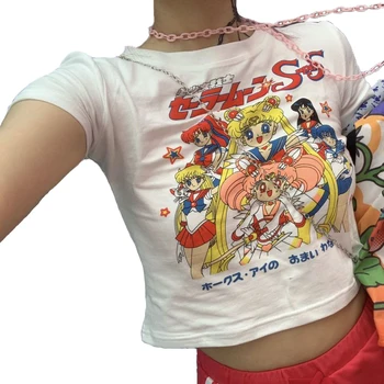 Karikatür Tshirt Kadın Kırpma Üst Harajuku Goth T-Shirt Kadın Kawaii Kısa Anime T Shirt Hip Hop Yaz Kız Sevimli Streetwear