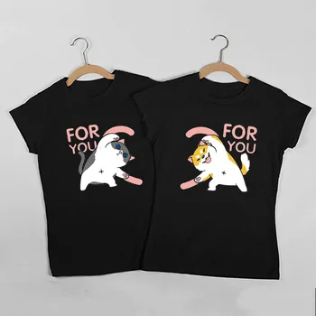 2021 sevgililer Günü Çift Elbise Üstleri Yaz Estetik Grafik T Shirt Kısa Kollu Komik Sevimli Çizgi Film Köpek ve Kedi Baskılı