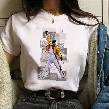 90 s Grafik Kaya T Shirt Moda Tees Kadın Freddie Mercury Kraliçe Bant Harajuku Vintage Yeni Üst