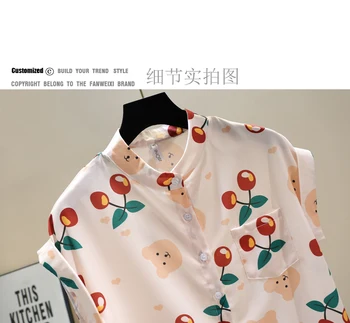 Kısa Kollu Standı Yaka Düğmeli Gömlek Yaz 2021 Yeni Sevimli Üstleri Kiraz Ayı Baskılı Gömlek ve Bluz Camisas Mujer