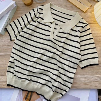 GOPLUS T Gömlek Tek Parça Çizgili Tops Vintage Yaz Örme Kore Moda Kadın T-Shirt Femme Camisetas Mujer C11603