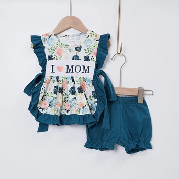 Toddler Bebek Kız Giysileri Set 2 adet Pamuk Takım Elbise I Love MOM Nakış Bodysuit T-shirt Mavi Kıyafetler Kafes Şort 1-8T Bebek