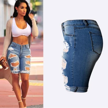 Diz Boyu Kadınlar için Yırtık Kot Delik Kot Şort Yüksek Bel Mavi Kot Taille Haute Kadın Kadın Jean Femme pantolon