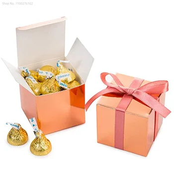 50 Adet Altın Gümüş Kağıt Şeker Kutusu Kare Çikolata Hediye Paketleme Kutuları Bebek Duş Doğum Günü Partisi Malzemeleri Düğün Iyilik