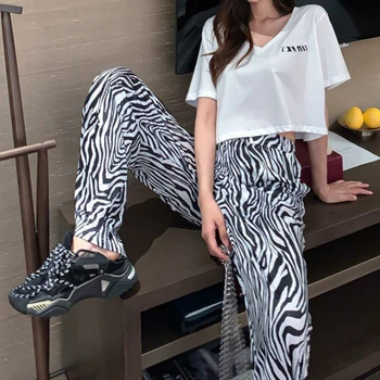 Rahat pantolon Kadın Vintage Zebra desen Tam boy Gevşek Öğrenciler BF Ins Streetwear Şık Moda Ulzzang Geniş bacak Dipleri Yeni